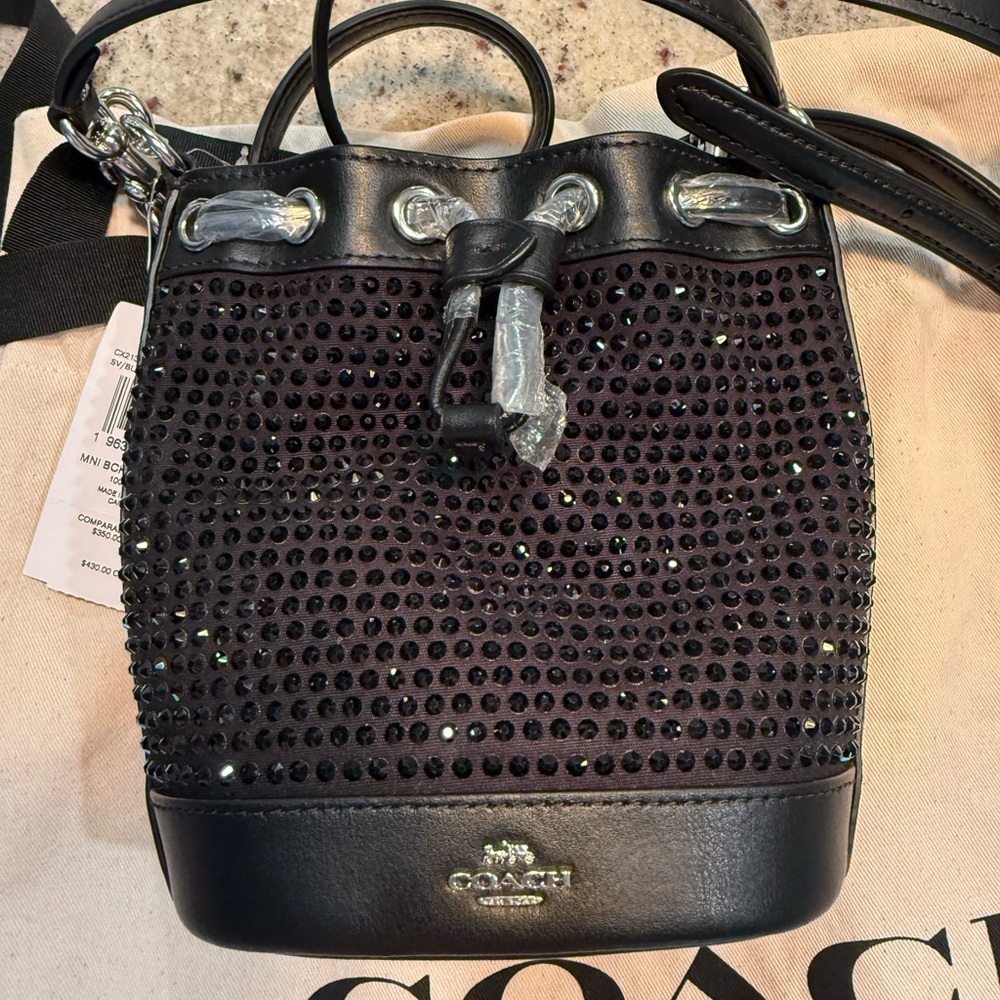 Coach Black Mini Drawstring Bucket Bag with Black Crystal Studs